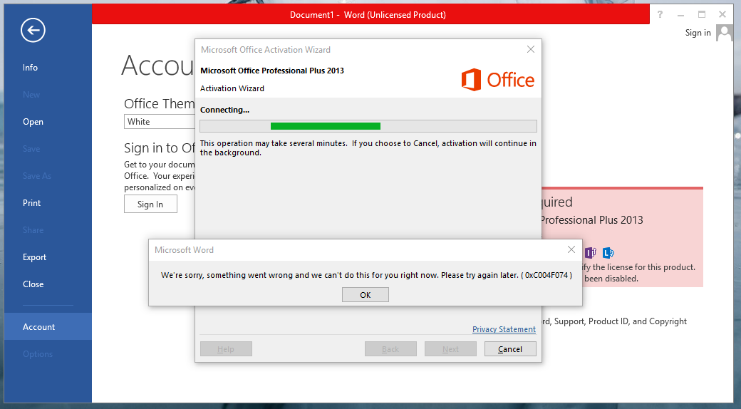 Microsoft Office Activation Error 0xC004F074 Screenshot